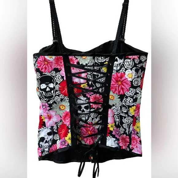 Hell Bunny Boned Corset Bustier Top Skull Floral Day of the Dead Gothic Size M - Picture 4 of 14